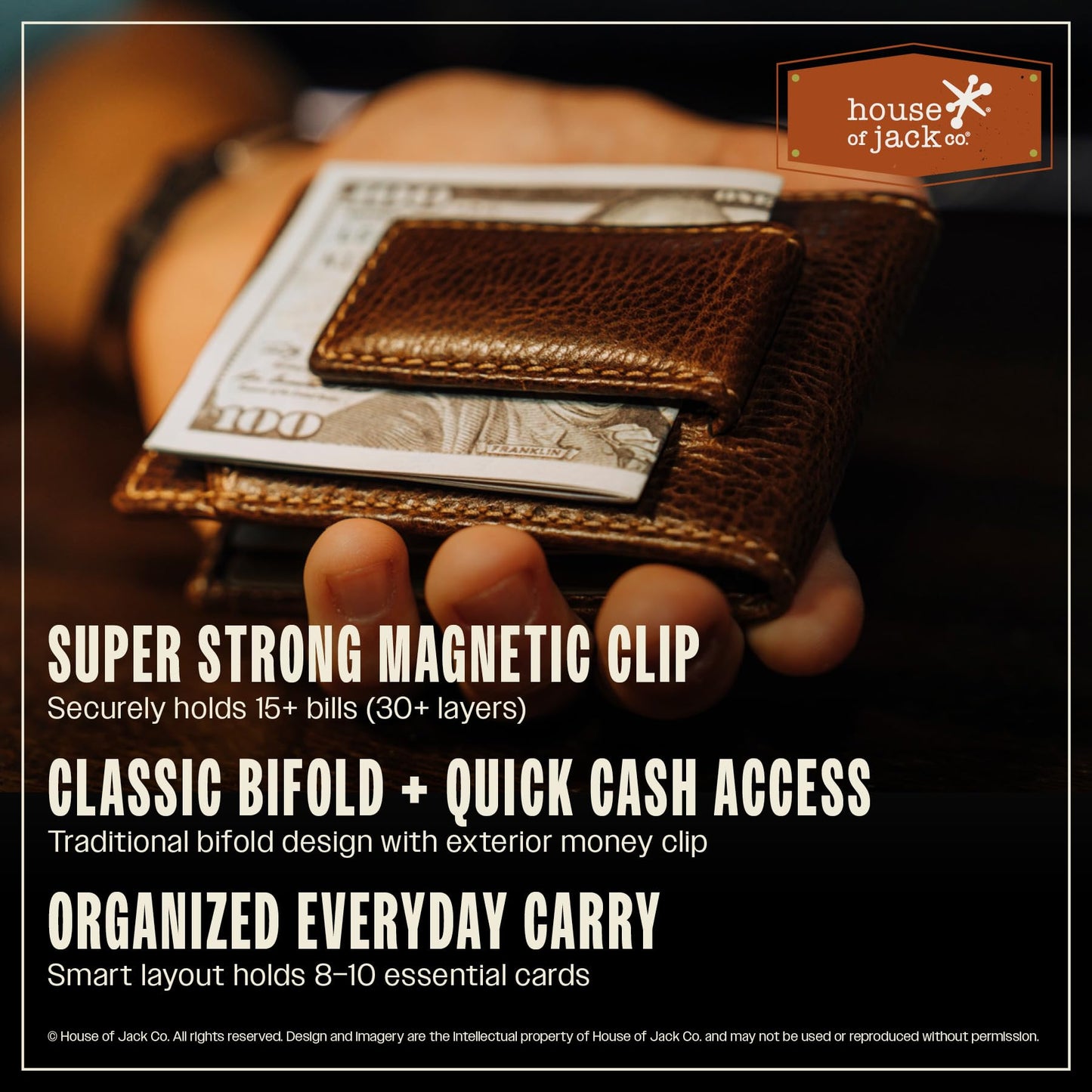 House of Jack Co. Ivor Men's Bifold Money Clip Wallet, Super Strong Magnetic Clip Holds 15+ Bills, Full Grain Leather Slim Front Pocket Wallet, 10 Card Holder, Gift for Men, Brown