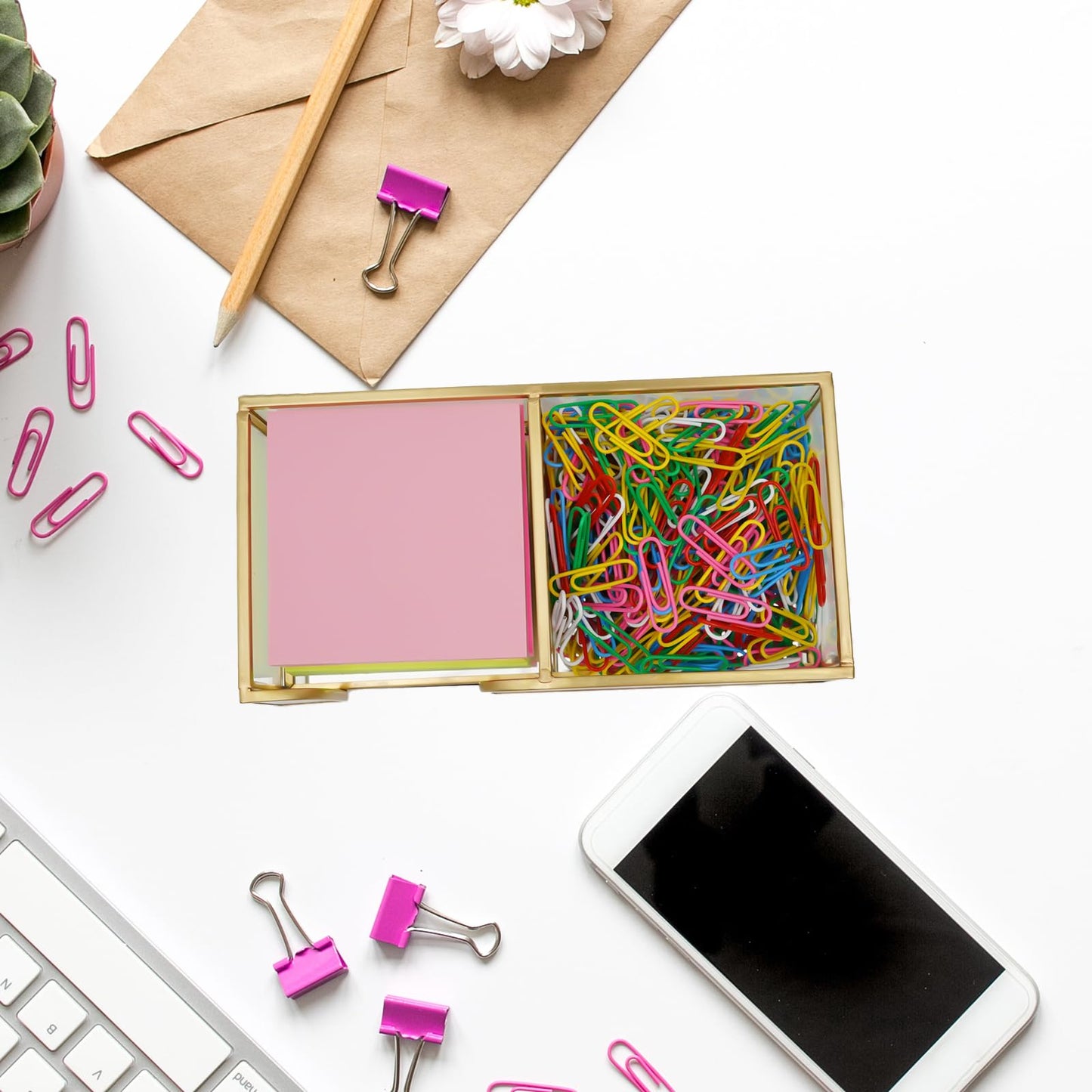 Shonmogar Glass Sticky Note Holder,2 Slots Gold Post It Note Dispenser for Desk,3 x 3 Inch Post It Note Holder, Stylish Sticky Note Dispenser for Home Office Desk Table Drawer