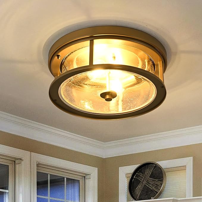Gold Flush Mount Ceiling Light Fixture with Glass Brass Ceiling Light Fixture for Bedroom, Indoor Outdoor Ceiling Lights for Porch Hallway Kitchen
