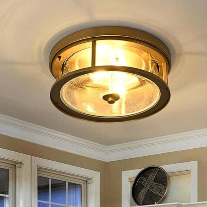 Gold Flush Mount Ceiling Light Fixture with Glass Brass Ceiling Light Fixture for Bedroom, Indoor Outdoor Ceiling Lights for Porch Hallway Kitchen
