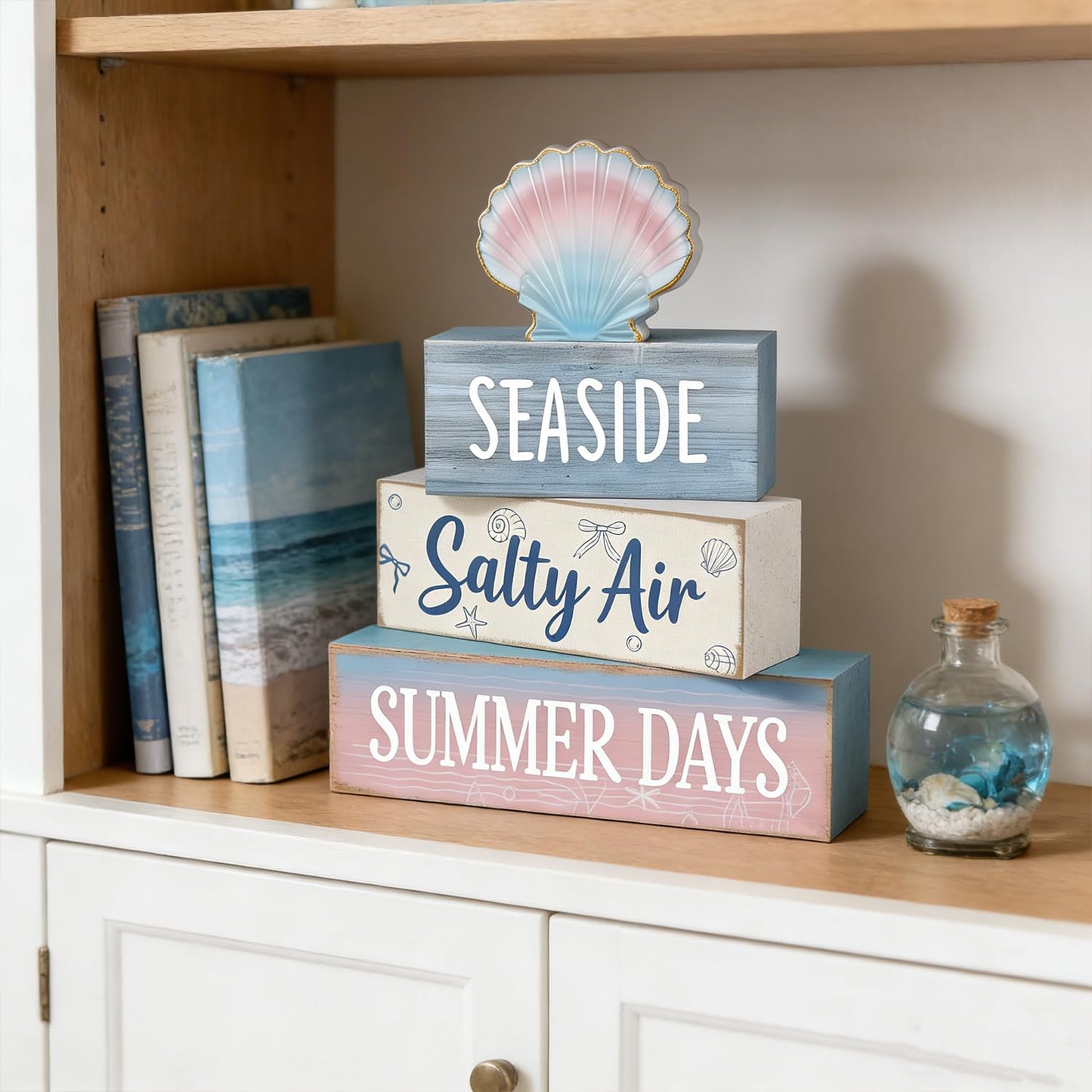 4 Pcs Seaside Beach Tiered Tray Decor Rustic Wooden Nautical Centerpiece with Salty Air Summer Days Sign Farmhouse Coastal Room Decor Summer Tiered Tray Decor
