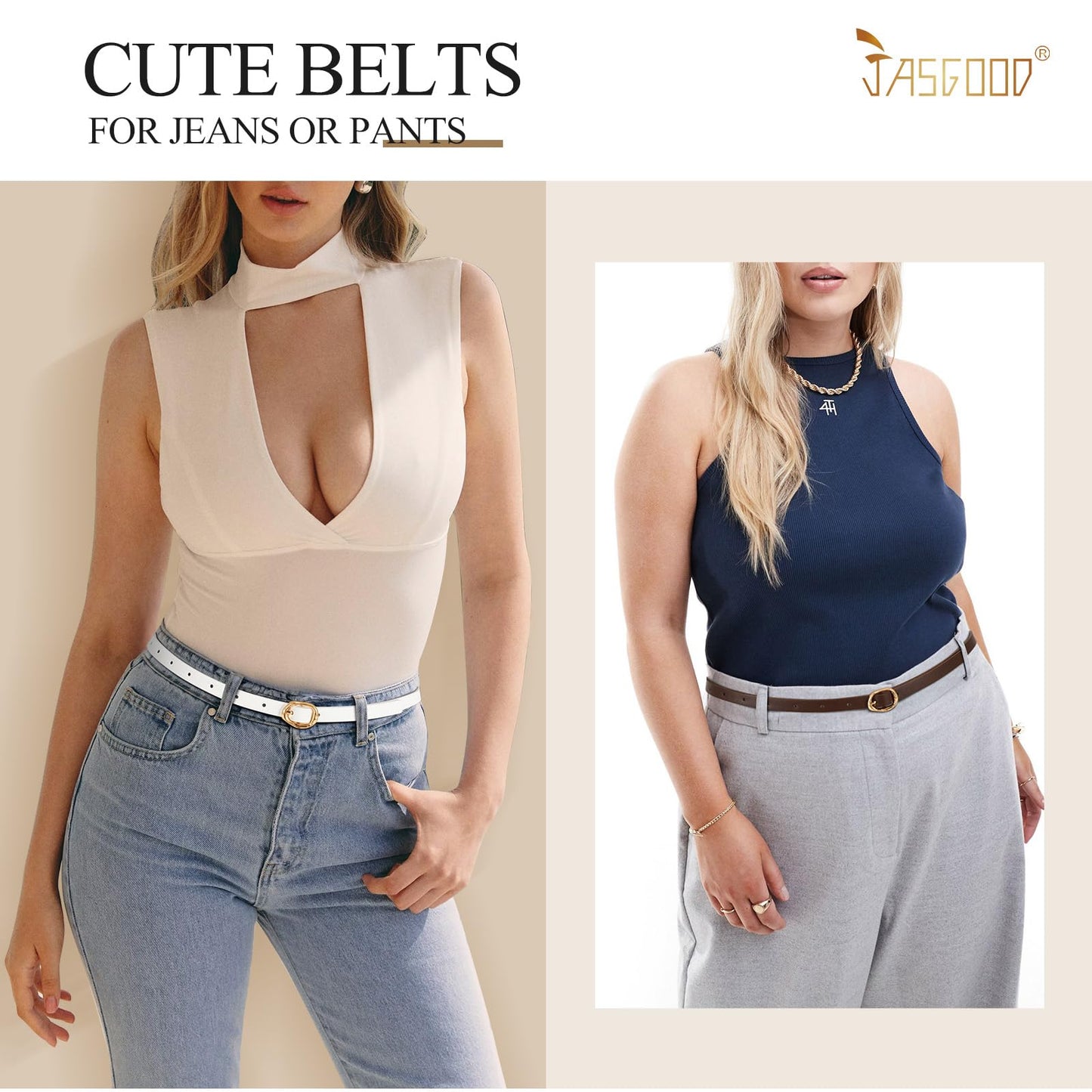 JASGOOD 4 Pack Women Skinny Leather Belts for Jeans Thin Belt for Dresses Ladies Waist Belt with Gold Buckle