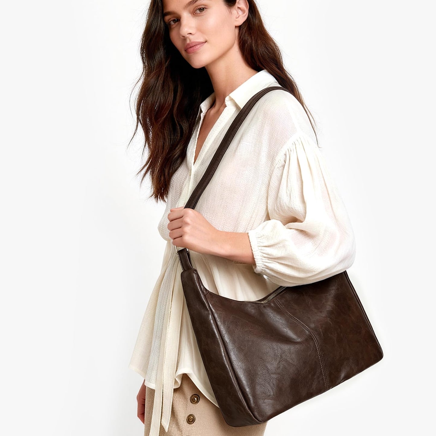 Brown Shoulder Bag for Women,Brown Leather Purse Slouchy Hobo Bags Everyday Purse Daily Commuting Bag with Zipper