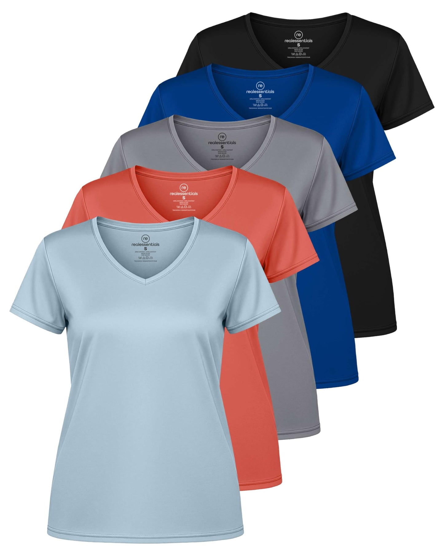 Real Essentials 5 Pack: Women's Dry-Fit Short Sleeve V Neck T Shirt Workout Fitness Yoga Top Tee, Set 10, XL