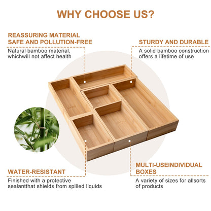 Bamboo Drawer Organizer 5 Pcs for Kitchen Multi-purpose Storage Dividers for Kitchen, Office, Jewelry, Cosmetics, Wooden Drawer Dividers for Drawer Organizer Desk Organizer Gift for Women Gifts Idea