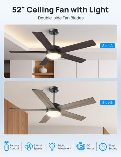 VanBoLon Ceiling Fans with Lights 52 Inch Outdoor, Ceiling Fan with Remote Control & Light, 52" Ceiling Fan Flush Mount with Dimmable LED DC Reversible Motor for Bedroom, Living Room, Patios