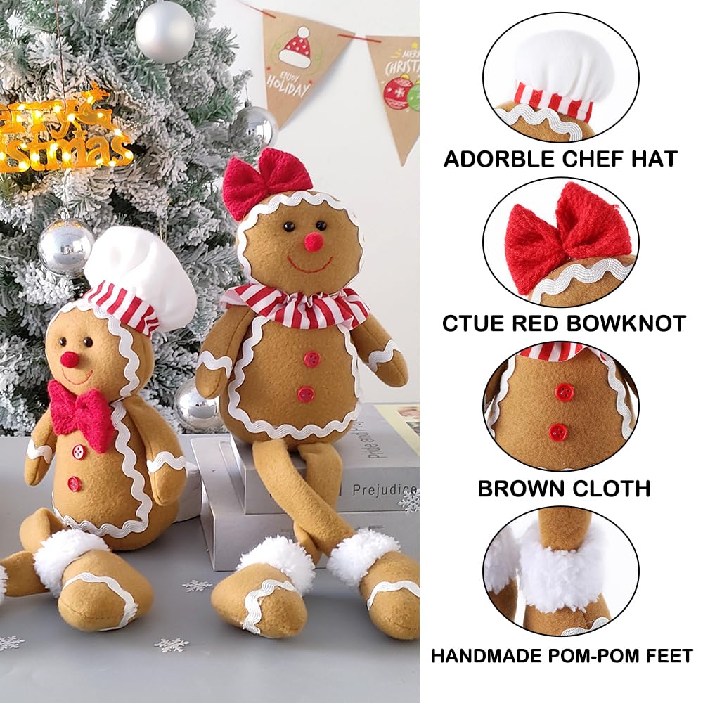 BALONAR 15Inch Large Size Christmas Plush Gingerbread Man Boy Girl Figures with Chef Hat Bowknot Christmas Ornament Home Decorations Doll Soft Door Window Table Tree Holiday Xmas Season Decor
