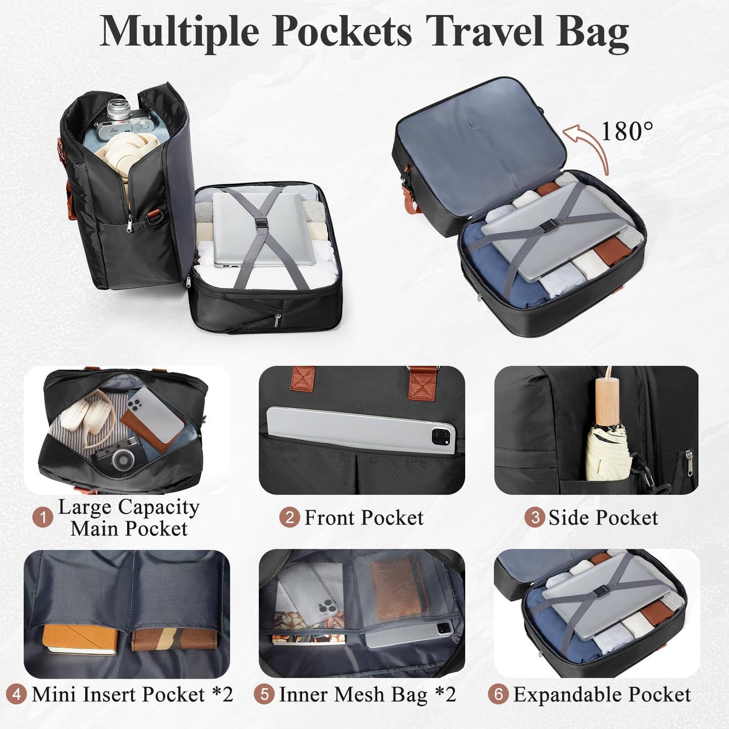 Expandable Personal Item Travel Duffle Bag Weekender Bag for Women Men, Overnight Hospital Carry On Bag with Toiletry Bag for Airplanes Travel Business Trips Sport,Black & Brown