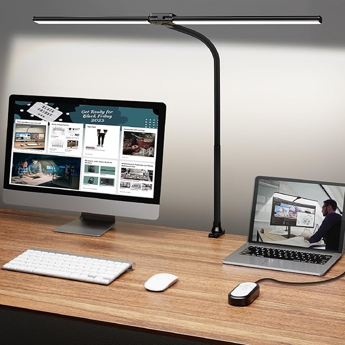 ShineTech Led Desk Lamp for Office Home, Bright Double Head Desk Light with Clamp, Architect Task Lamp 50 Lighting Modes Adjustable Flexible Gooseneck Lamp