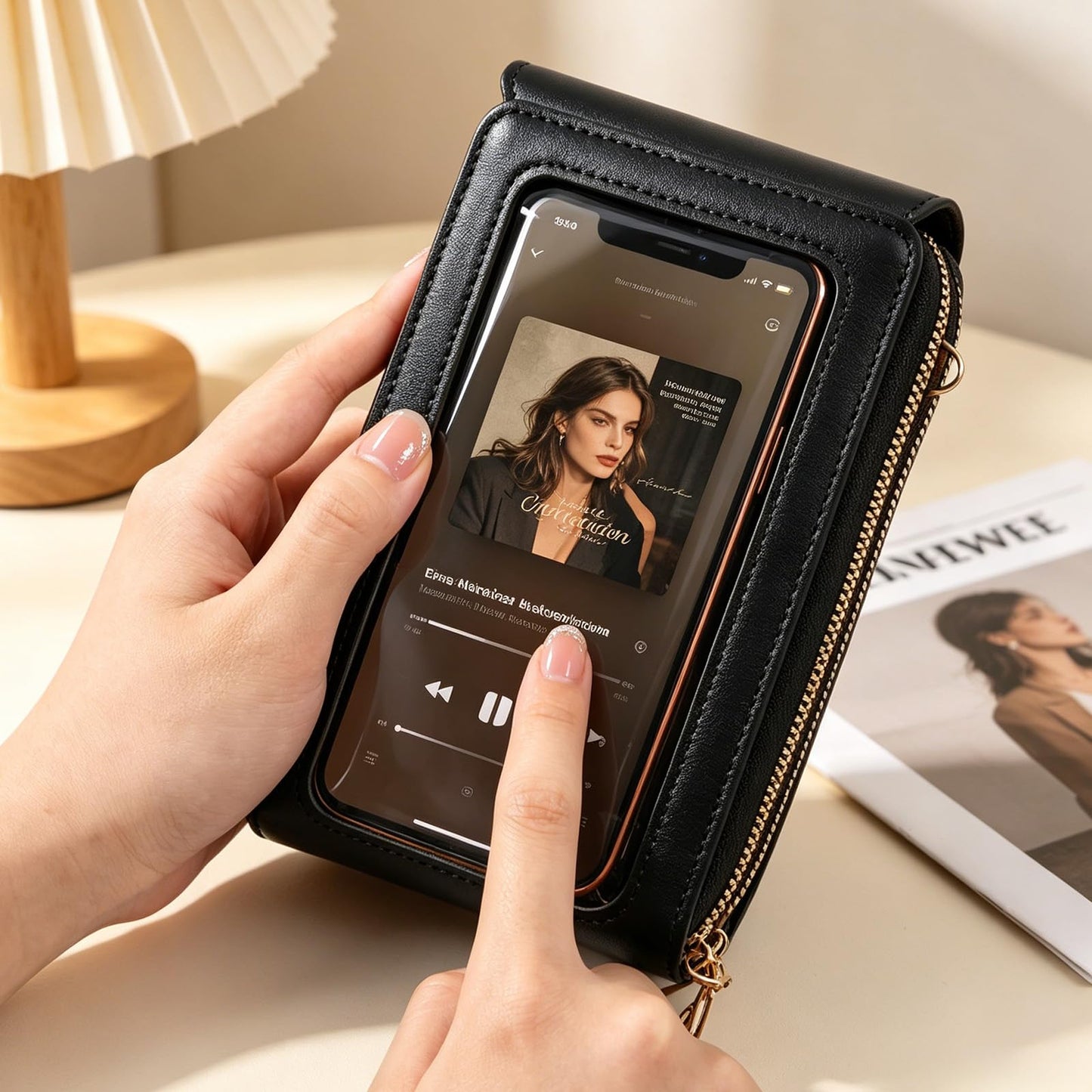 Women's Touch Screen Mobile Phone Messenger Bag, Crossbody Phone Wallet, RFID Touch Screen Crossbody Phone Purse, Anti-Theft Shoulder Strap (Black)