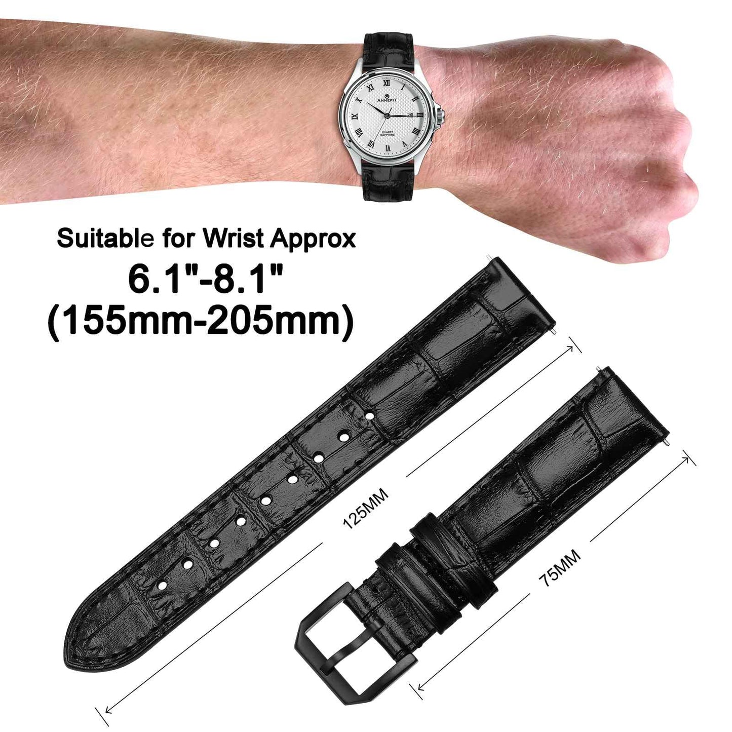ANNEFIT Quick Release Watch Band, Embossed Alligator Grain Leather Watch Strap with Black Buckle, Replacement Bands Width 16mm (Black)