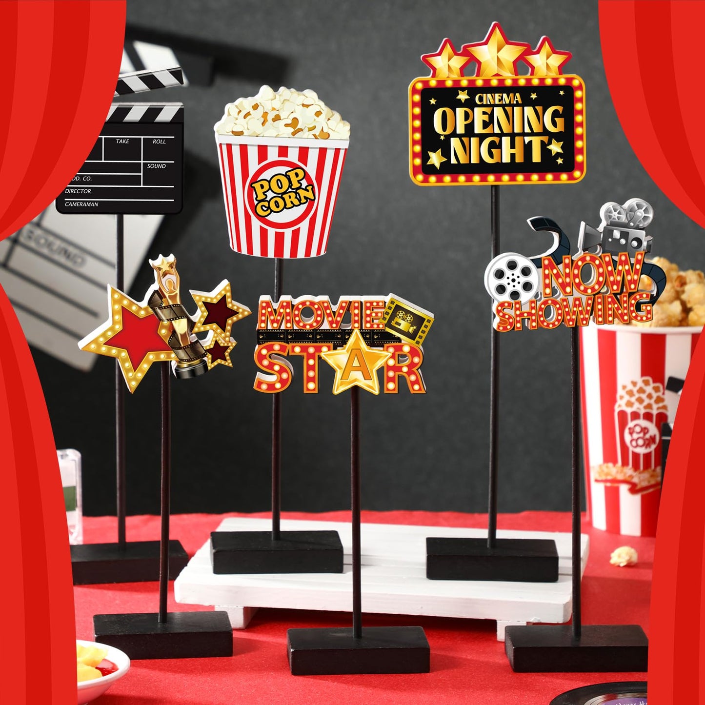 Briwooody 6 Pcs Movie Night Wooden Sign Set Movie Party Decorations Star Video Props Table Centerpiece Tall Standing Sign Popcorn Tabletop Decor for Birthday Night Party Supplies Home Decorations