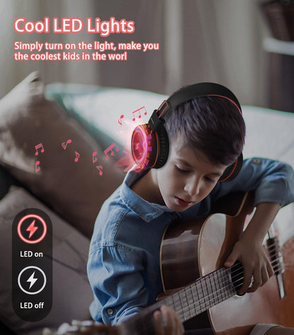 Bywulanda Kids Headphones with LED Lights for School, Upgrade USB Type C Kid Headphone with Microphone, Volume Limiter 85/94dB, Wired On Ear Headphones for Boys/Girls/Tablet/Travel -Black