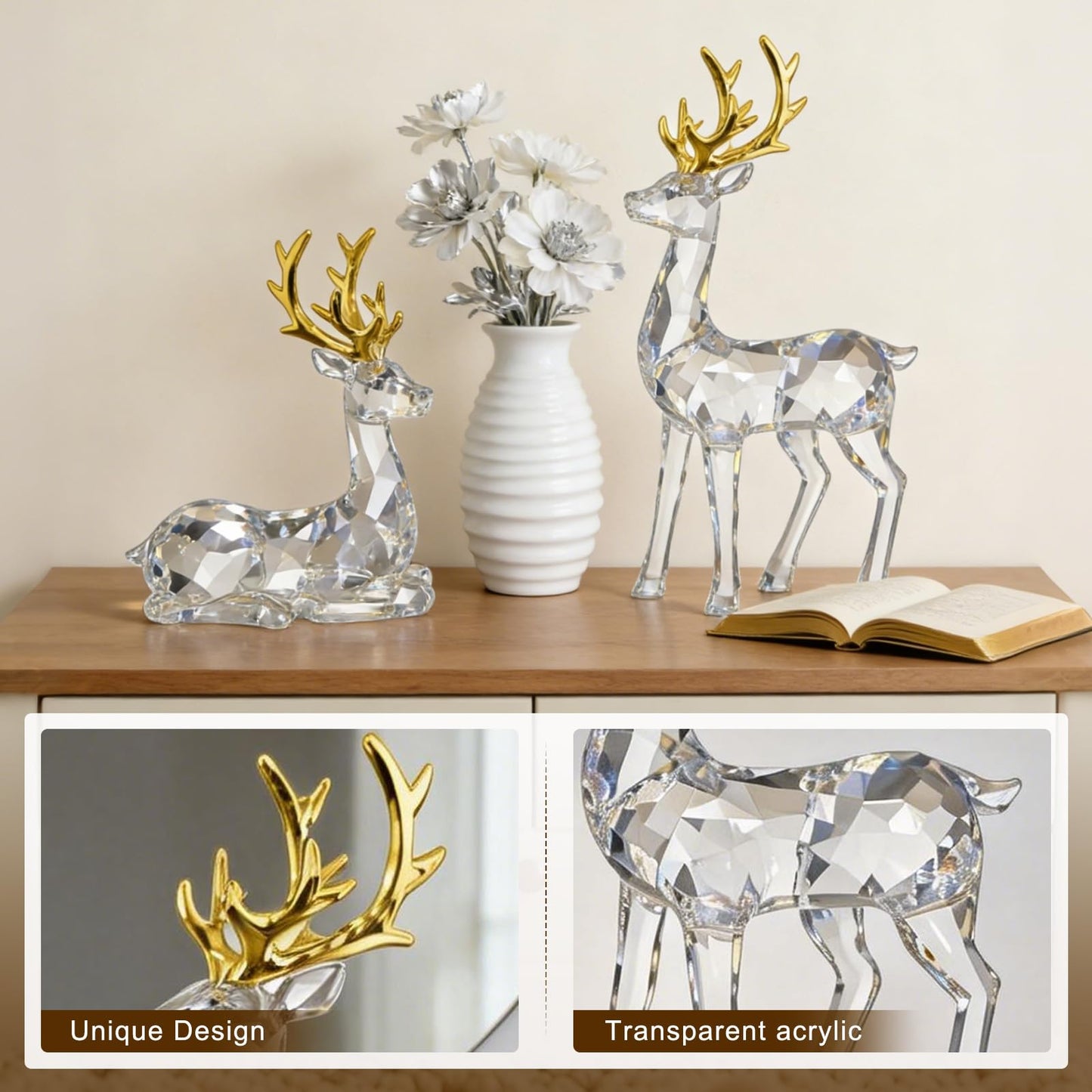 EverZenHub Christmas Reindeer Figurines, Set of 2 Resin Deer Statues - Handcrafted Holiday Tabletop Decor for Mantel, Shelf, Cabinet | Elk Sculpture Home Décor Gift