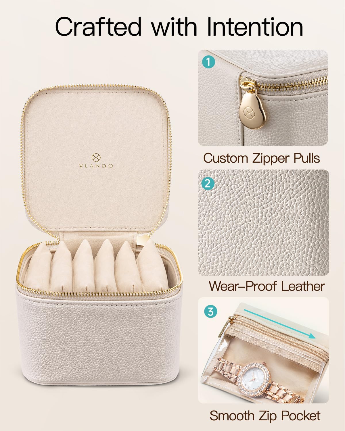 VLANDO Travel Jewelry Case,Valentines Gifts,Small Jewelry Box Organizer,Travel Jewelry Storage with 6 Velvet Jewelry Zipper Pockets, Birthday Gifts for Women Girls (White)