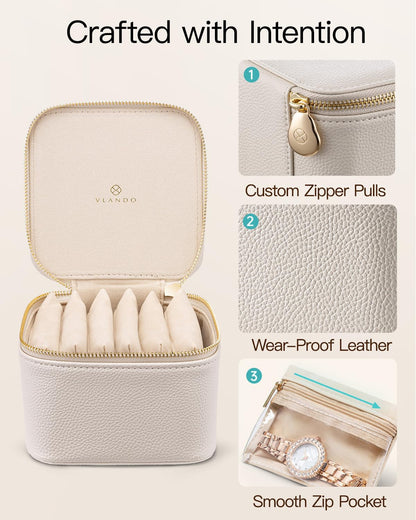 VLANDO Travel Jewelry Case,Valentines Gifts,Small Jewelry Box Organizer,Travel Jewelry Storage with 6 Velvet Jewelry Zipper Pockets, Birthday Gifts for Women Girls (White)