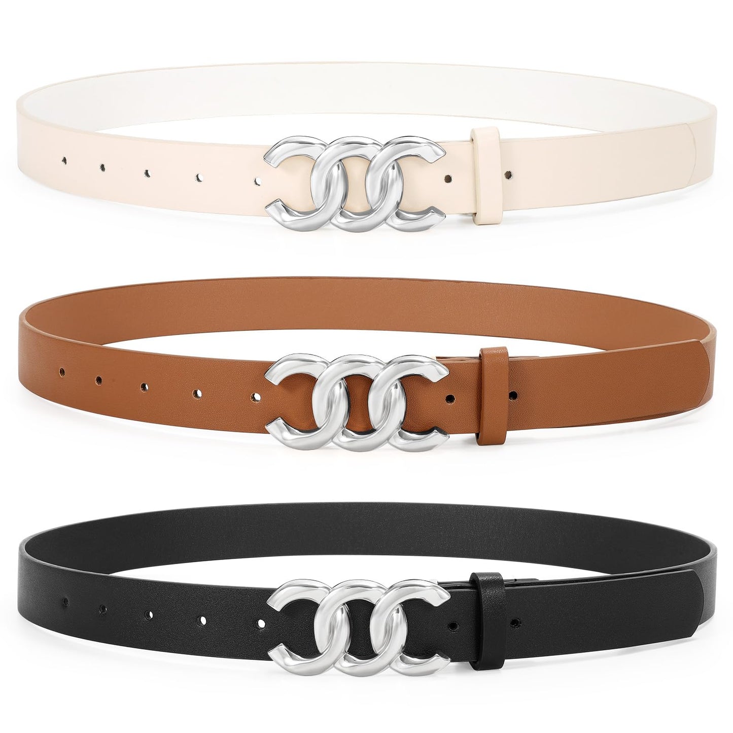 TRIWORKS 3 Pack Women's Belts for Jeans Pants Fashion Waist Belts for Ladies Leather Belt with Silver Buckle