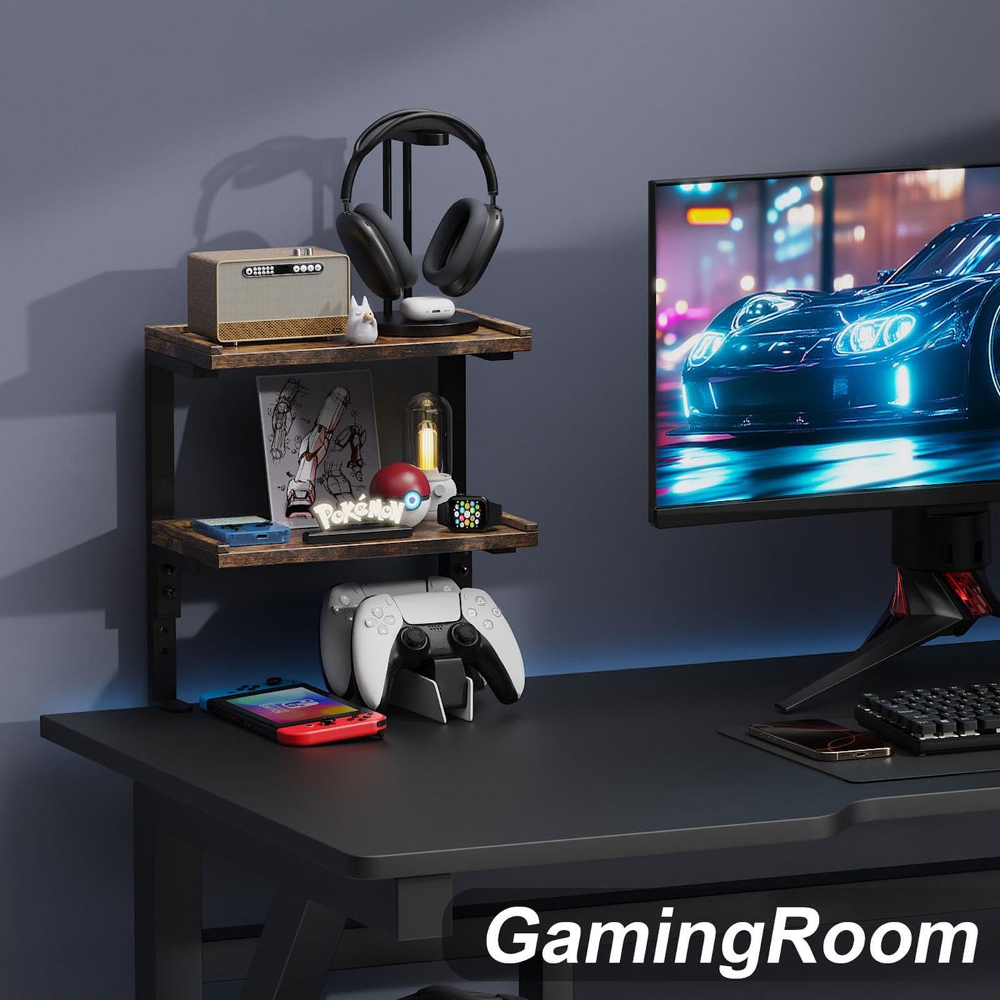 OUTIOE 2-Tier Desk Shelf, Expandable Under Desk Storage, Clamp on Desk Shelf, Desktop Accessories for Offices, Study Rooms, and Game Rooms (Wood)