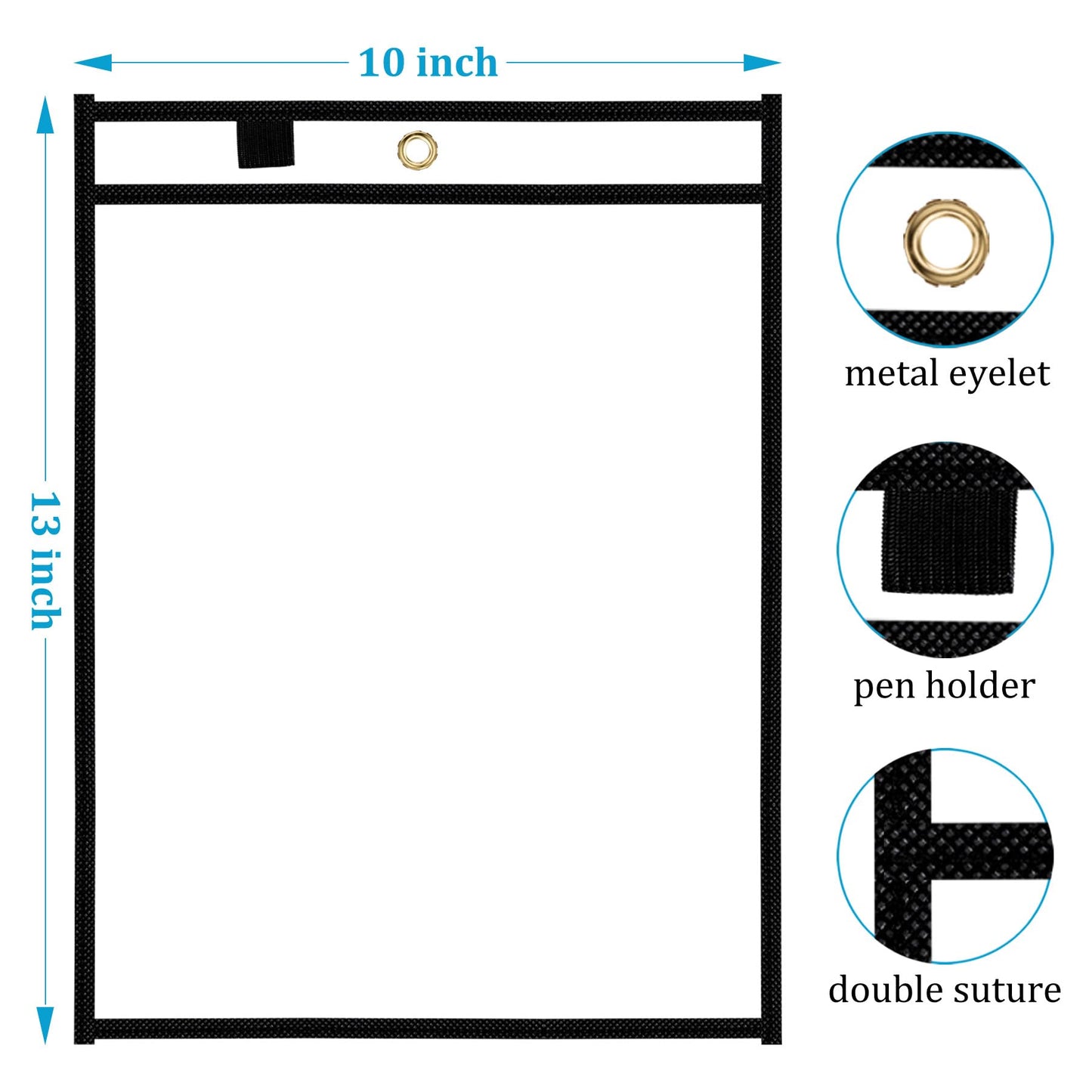 Ndsox 30 Packs Dry Erase Pockets Reusable Oversized Plastic Sleeves Clear Job Ticket Holders Heavy Duty Transparent Hanging Document Protectors for Classroom School Office Work Warehouse, Black
