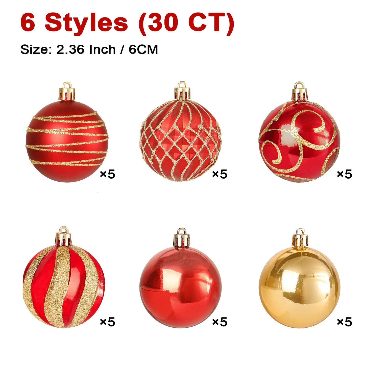 30 PCS Christmas Ball Ornaments Tree Decorations, 60mm/2.36" Classic Red and Gold Shatterproof Christmas Bulbs Ornaments for Xmas Tree Holiday Wreath Decor