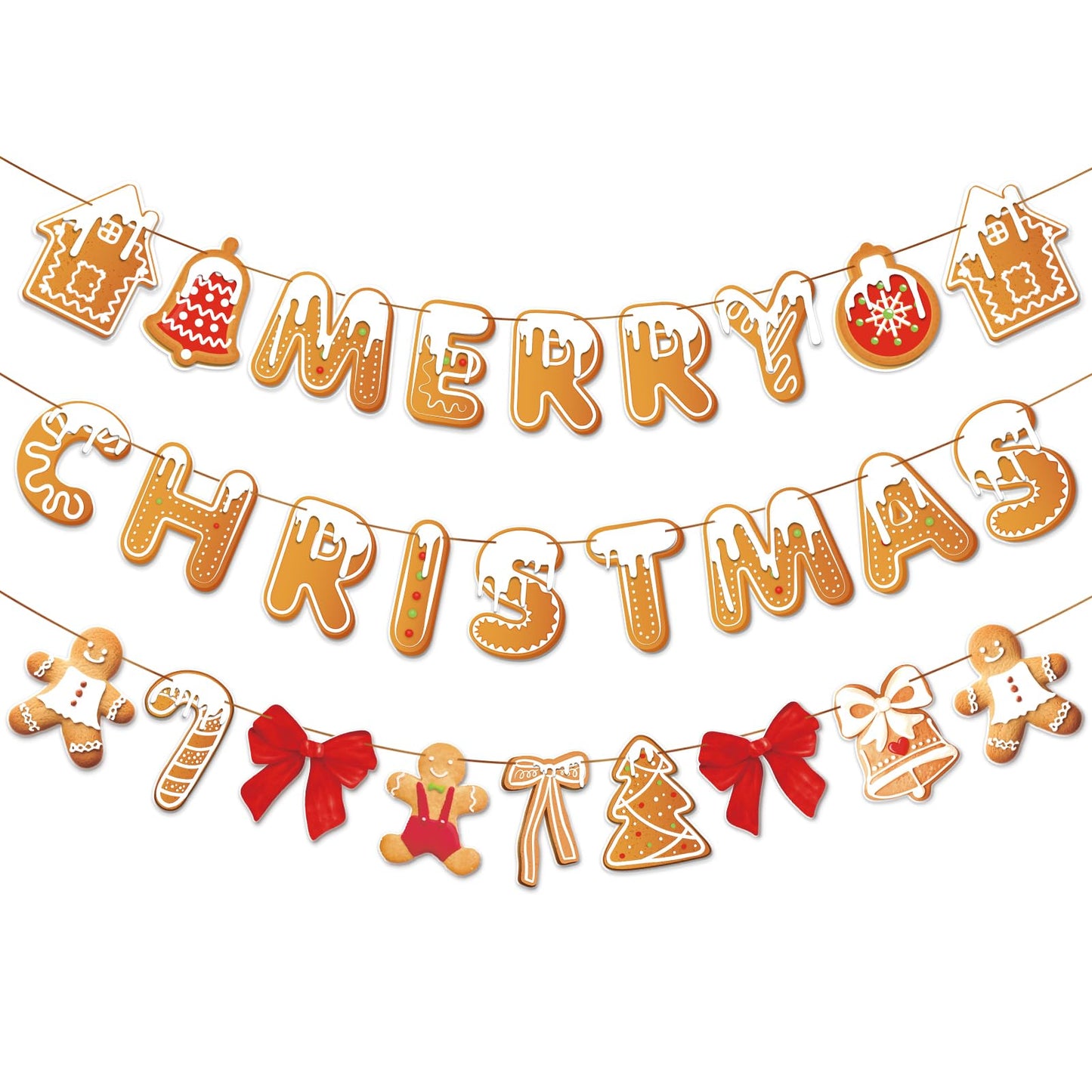 PAPER JAZZ Gingerbread Christmas Decoration Merry Christmas Banner,3 Pcs Gingerbread Christmas Garland,Xmas Backdrop Cute Hanging Decor for Wall, Tree, Door, Yard, Home, Office, Indoor Outdoor.