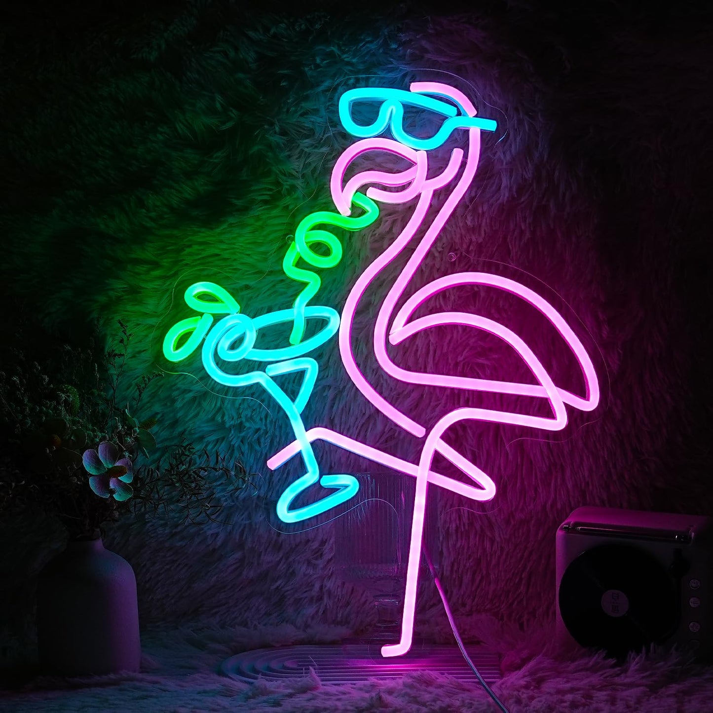 Flamingos Drink Neon Sign LED Cocktail Light Up Sign for Wall Decor Dimmable USB Powered Animal Neon Light for Living Room Kids Room Bar Art Wall Decor （16.7 * 12.8In）
