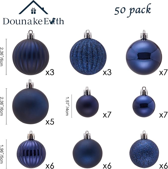 Navy Blue Christmas Ornaments Set for Xmas Tree, 50ct Shatterproof Christmas Balls Ornaments, Christmas Tree Decorations Hanging Ball for Holiday Party Decor(1.57"-2.36")