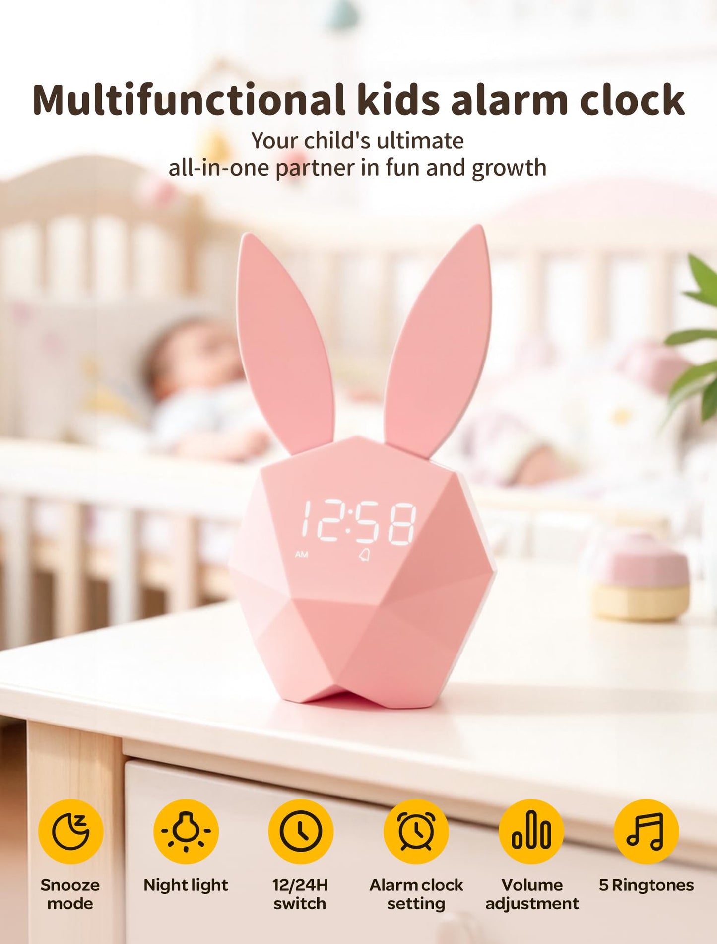 MASHI Bunny Kids Alarm Clock for Girls, Pink Alarm Clock with Night Light & Snooze, Sound Activated Digital Clock, 5 Ringtones & Adjustable Volume,Gift Ideas for Kids Girls Teens Room Decor (Pink)