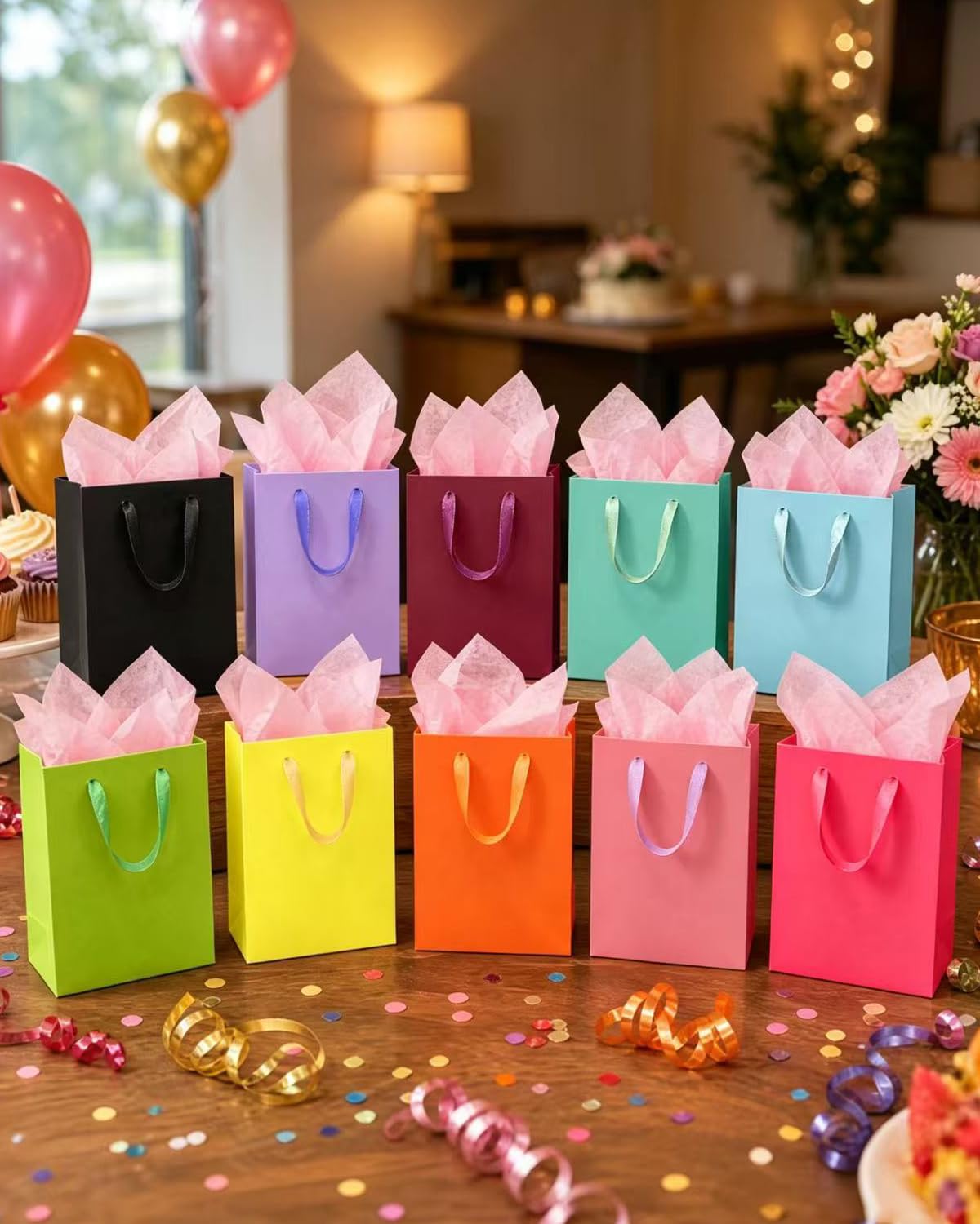 qiqee 16PCS 16 Colors Mini Gift Bags with Tissue Paper Handles 6.3"x4.7"x2.4" Small Size Present Party Favor Bags（ Tissue Paper ）