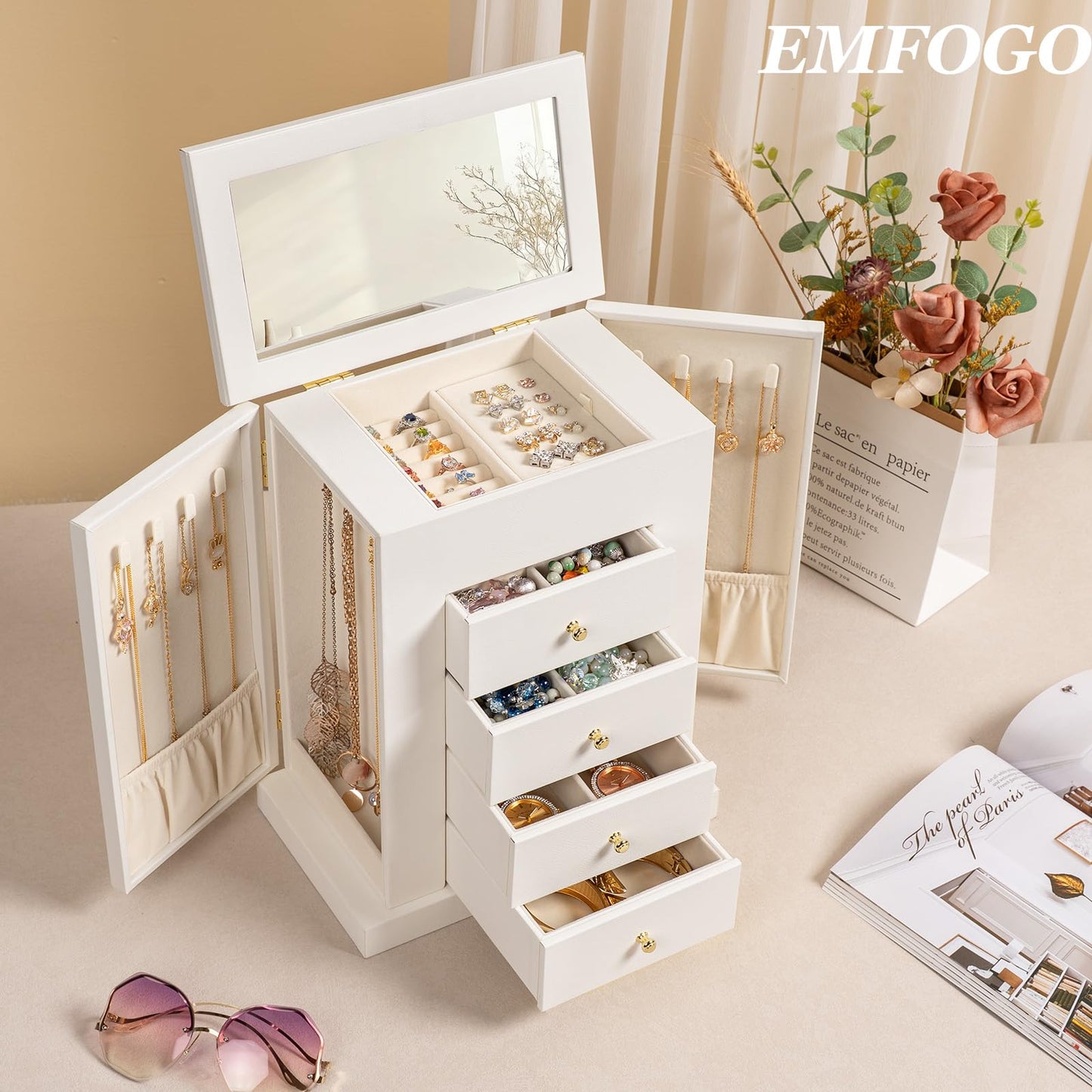 Emfogo Jewelry Boxes for Women, 5-Layer Large Leather Jewelry Organizer Box with Mirror and Drawers, Jewelry Storage for Necklaces Earrings Rings Bracelets (White)