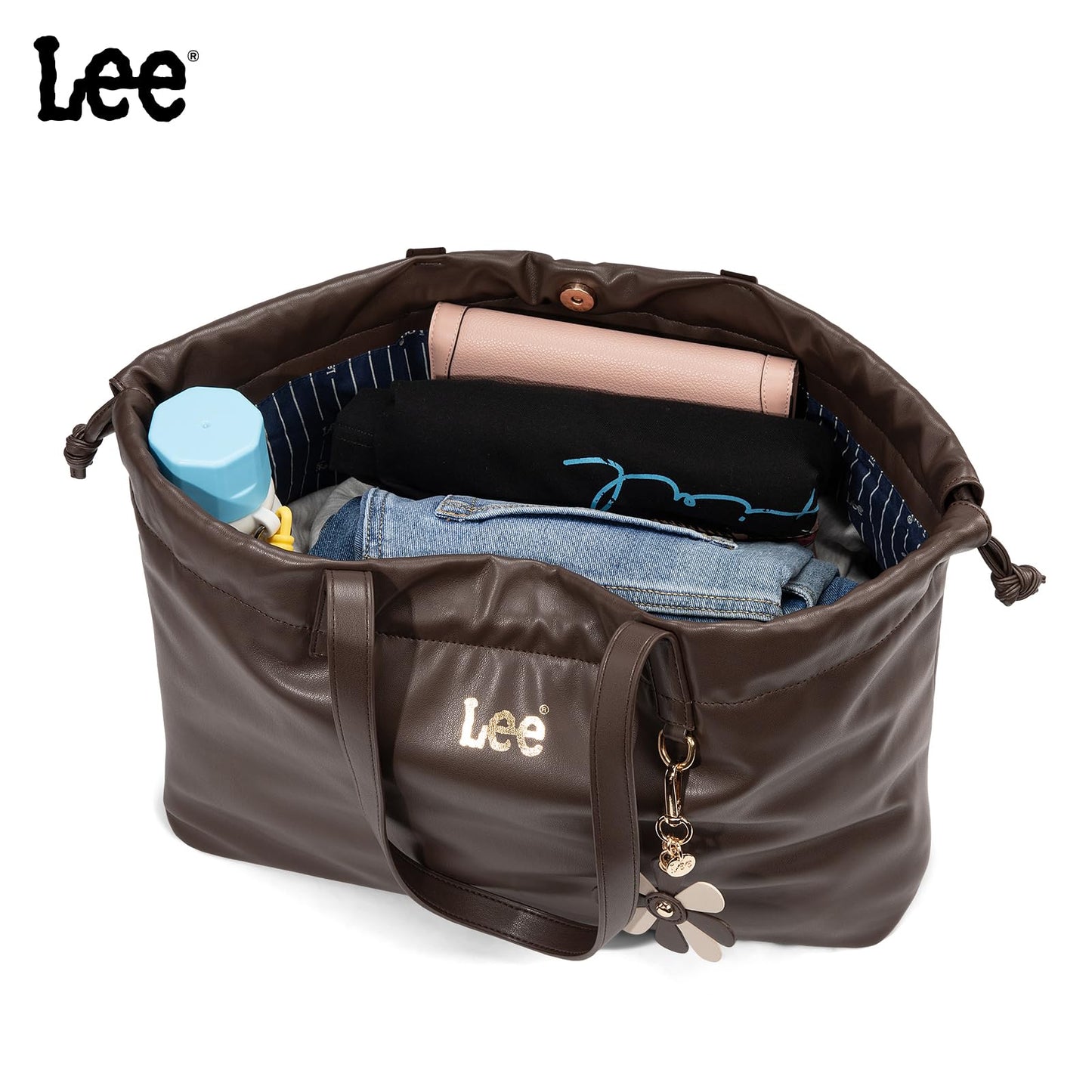 Lee Leather Tote Bag for Women, Spacious Vegan Leather Shoulder Bag & Handbag with Drawstring Closure, Durable Shoulder Straps, Large Capacity Work & Travel Purse, LEE73-001CF