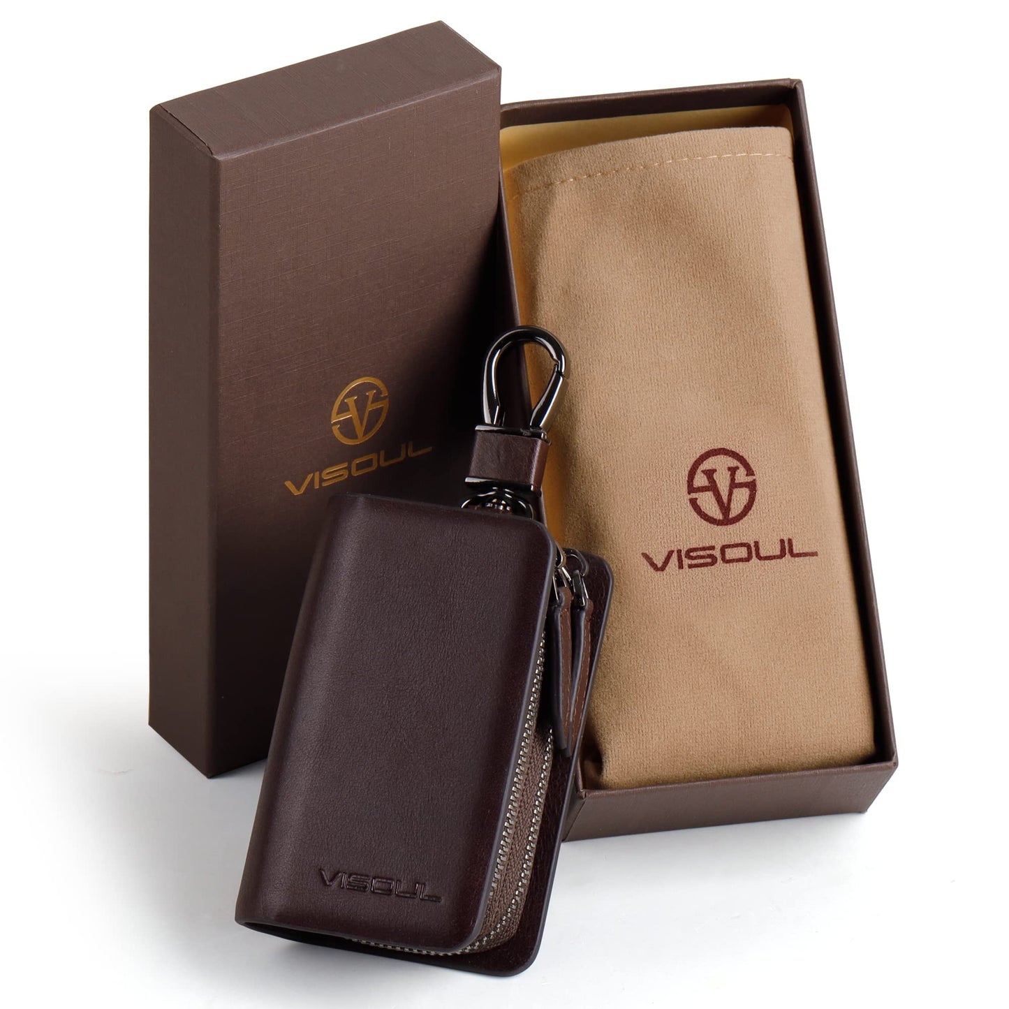 VISOUL Car Key Case Holder Double Zipper, Leather Car Smart Key Fob Case with Keychain for Men and Women-Coffee