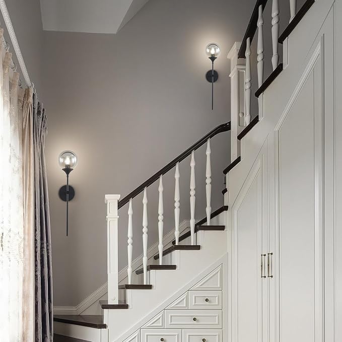 KCO Lighting 1-Light Matte Black Mid Century Wall Sconce Set of Two Modern Bathroom Vanity Globe Wall Light Set of 2 Vintage Smoke Gray Glass Wall Bedroom Wall Lamp