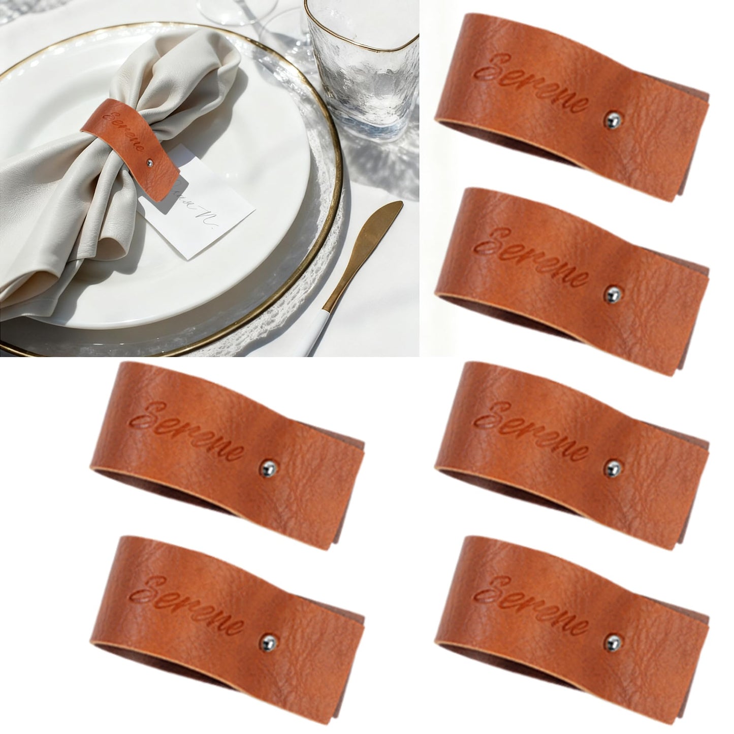 Reddish Brown Napkin Rings Set of 6 – Elegant Leather Napkin Ring Holders, Double-Sided Waterproof, Durable Table Decor for Easter, Weddings & Dinner Parties, Stylish Table Setting Accessories
