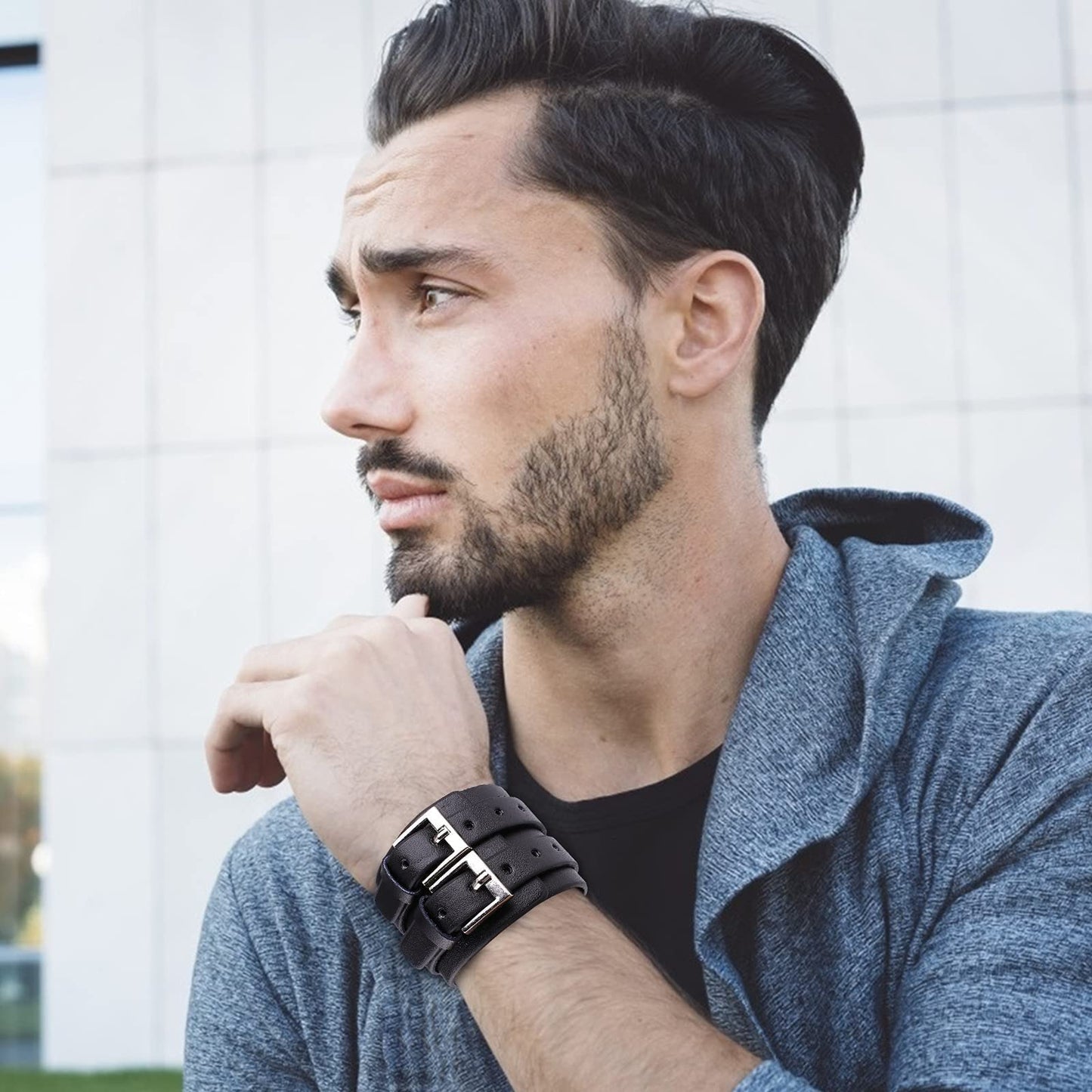 Casoty Black Bracelets for Men and Women Leather Bracelet Punk Rock Viking Mens Cuff Bracelet Jewelry for Men Women