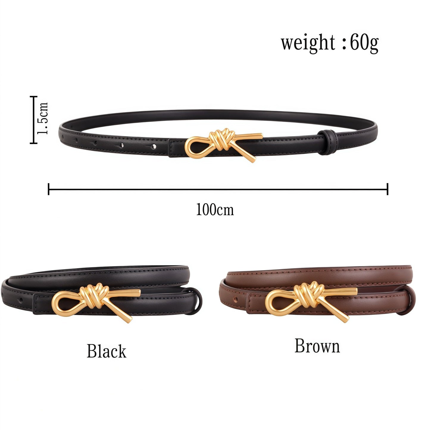 Skinny Leather Belt with Gold Bow Knot Buckle, Black, Dress Belt for Women (Black)
