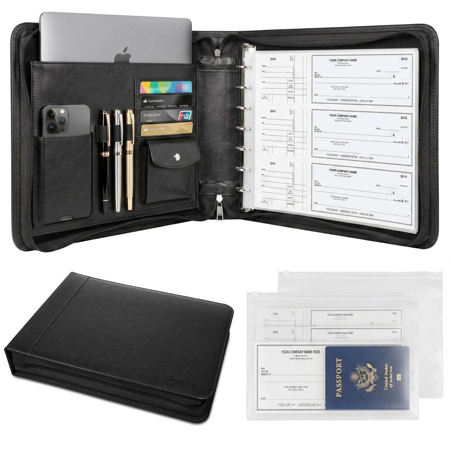 Toplive Zippered 7 Ring Business Checkbook Binder Extra-Large, 2Pack 7-Hole Pouch, 600 Checks Capacity, PU Leather Check Book Binder Cover with Multi-Pocket Design for Office & Business Use, Black