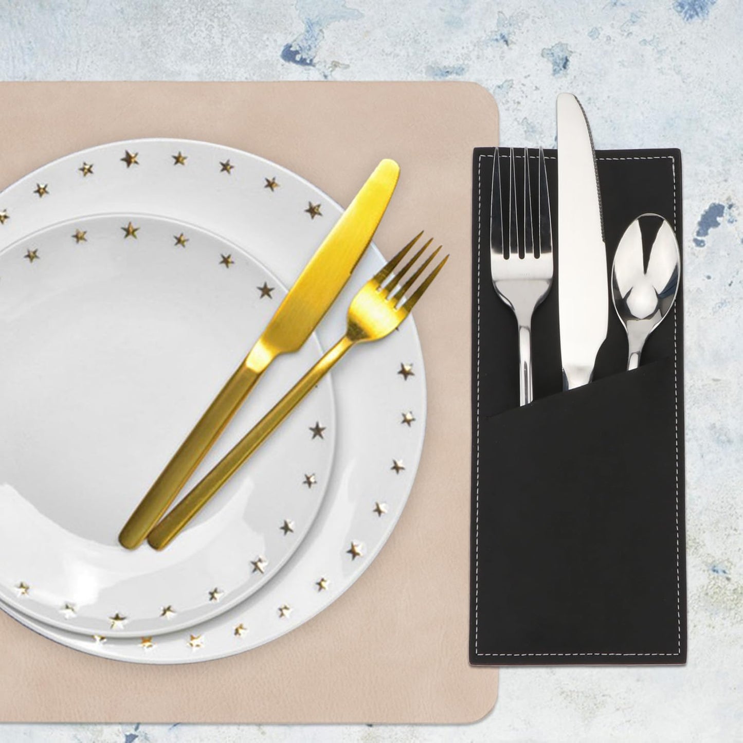 Brosay Leather Cutlery Sleeve Utensil Holders Pouch Bags Knife and Fork Silverware Sleeves for Christmas Halloween Thanksgiving Table Decor 2 Pcs (Black)