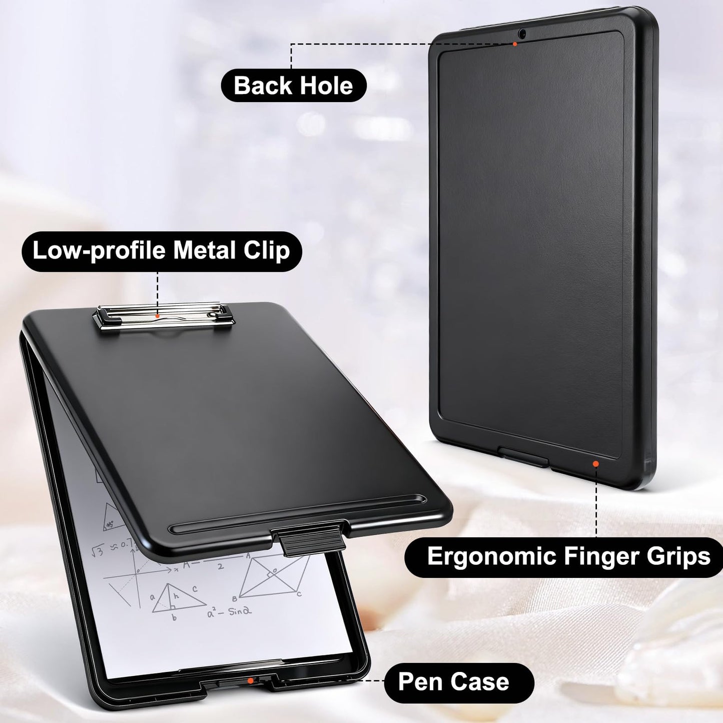 SHENLIU 7 Pcs Clipboard with Storage Bulks, 9.5 x 13.5 Inch Black Plastic Foldable Nursing Clipboard with Low Profile Clip for Home Office Utility Medical Personnel Large Capacity