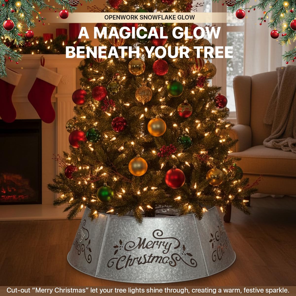 WKHOMEDECO 35.5" Large Metal Christmas Tree Collar - Christmas Tree Collars for Artificial Trees, Metal Tree Collar with Laser-Cut Merry Christmas Pattern,Extra Wide Adjustable & Pet-Safe (Galvanized)