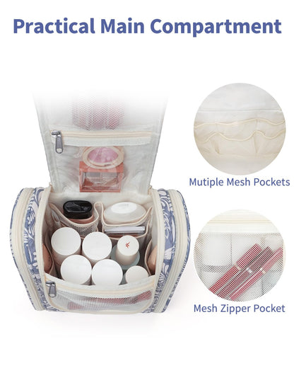 Narwey Small Hanging Toiletry Bag Women Travel Makeup Bag Organizer Toiletries Bag for Travel Size Essentials Accessories Cosmetics (Medium, Blue Leaf)