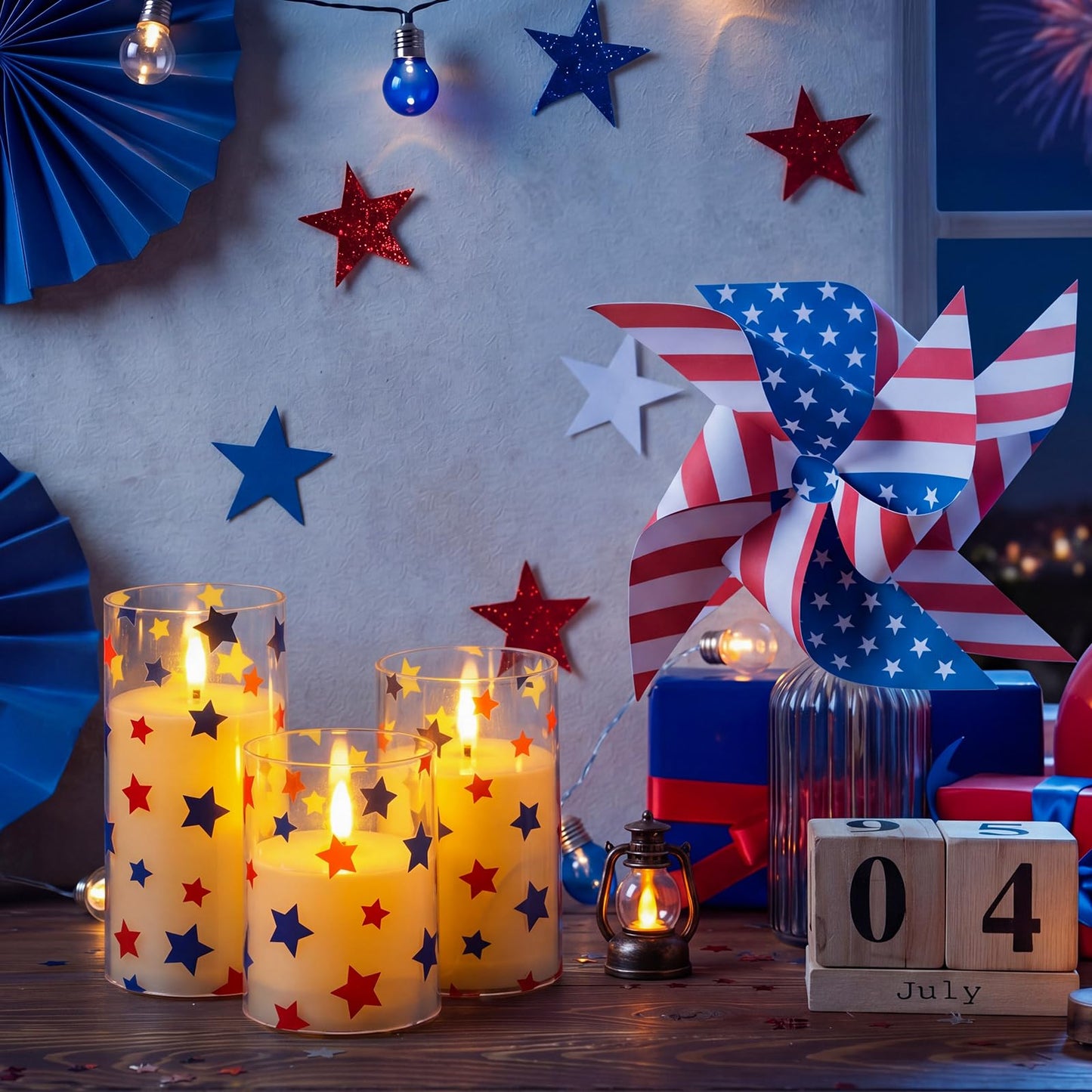 Blosssound 3 Pack 4th of July Flameless Candles Battery Operated Independence Day Stars in Blue Red Flameless Flickering Candles LED for Gifts Home 250th Patriotic Holiday 4th of July Table Decoration