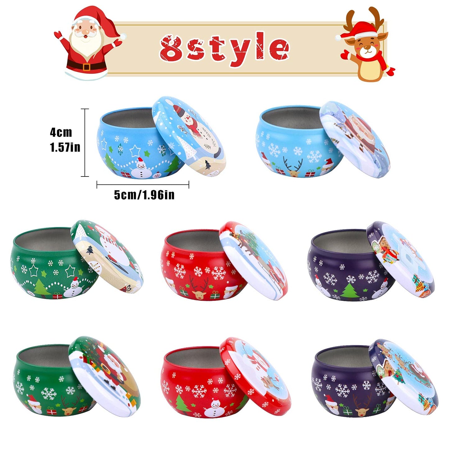 TSLBW Candle Tin Jars 8PCS Christmas Round Tinplate Empty Tins Boxes Mini Candle Making Containers Empty Metal Candle Tin with Lids for DIY Candle Making Candy Tea Spices Xmas Party Favor Gifts