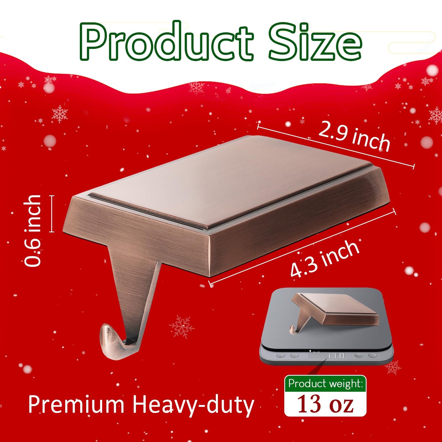 SINTENILL Christmas Stocking Holders for Mantle Set of 4, Heavy Weighted Metal Stocking Holders Hangers Low Profile Stocking Hooks Bases for Fireplace Table Xmas Holiday Party Decoration, Copper