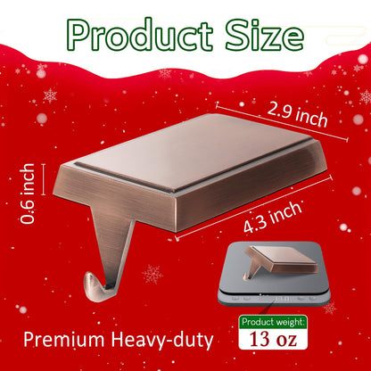 SINTENILL Christmas Stocking Holders for Mantle Set of 4, Heavy Weighted Metal Stocking Holders Hangers Low Profile Stocking Hooks Bases for Fireplace Table Xmas Holiday Party Decoration, Copper