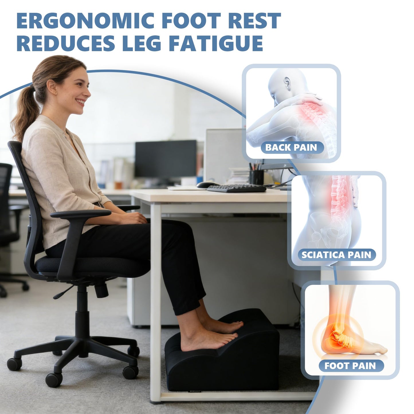 Removable & Washable Foot Rest for Under Desk, 2-Tier Adjustable Foot Stool for Office and Home, Ergonomic Footrest for Seating Comfort at Work/Study (Machine Washable Cover-Black)