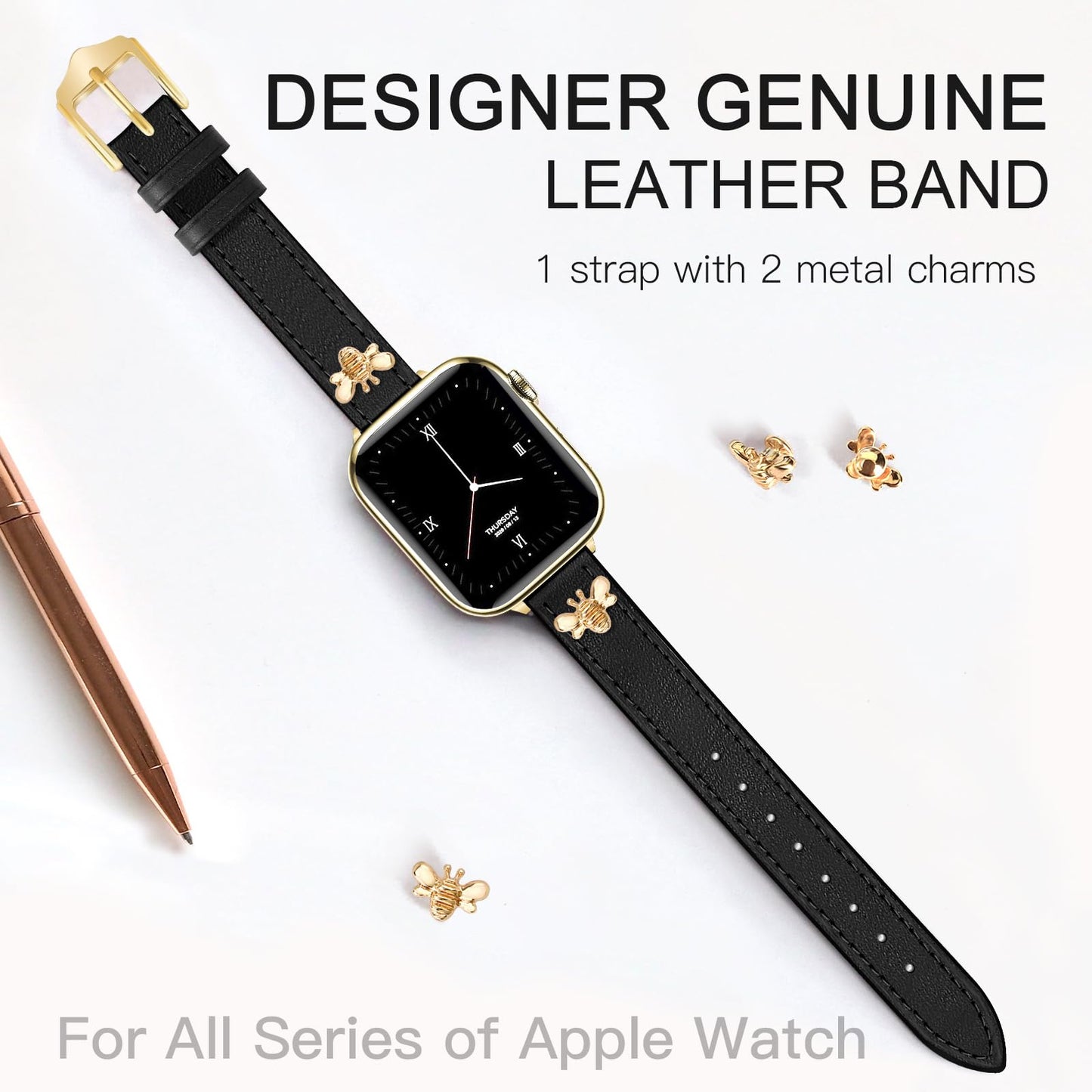 JR.DM Slim Leather Bands Compatible with Apple Watch Band 38mm 40mm 41mm 42mm 44mm 45mm 46mm 49mm, Genuine Leather Band with Charms, Feminine Design for Iwatch Ultra SE Series 11 10 9 8 7 6 5 4 3 2 1