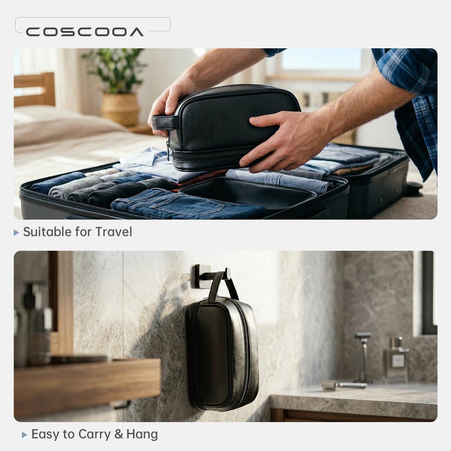 COSCOOA PU Leather Toiletry Bag for Men, Water Resistant Mens Hanging Toiletry Travel Makeup Bag, Travel Essentials Shaving Bag with Large Capacity Suitable for Bathroom Settings, Black