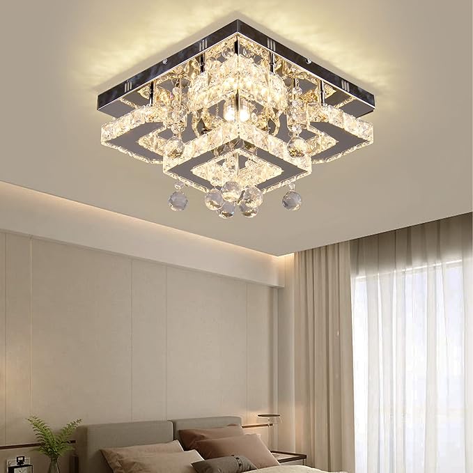 CXGLEAMING 11.8" Modern Crystal Chandelier LED Ceiling Light Fixture Suitable for Kitchen Corridor Hallway Bedroom Bathroom Dining Room 4 Petals/Raindrop Ball Square Wall Switch （Warm Light）