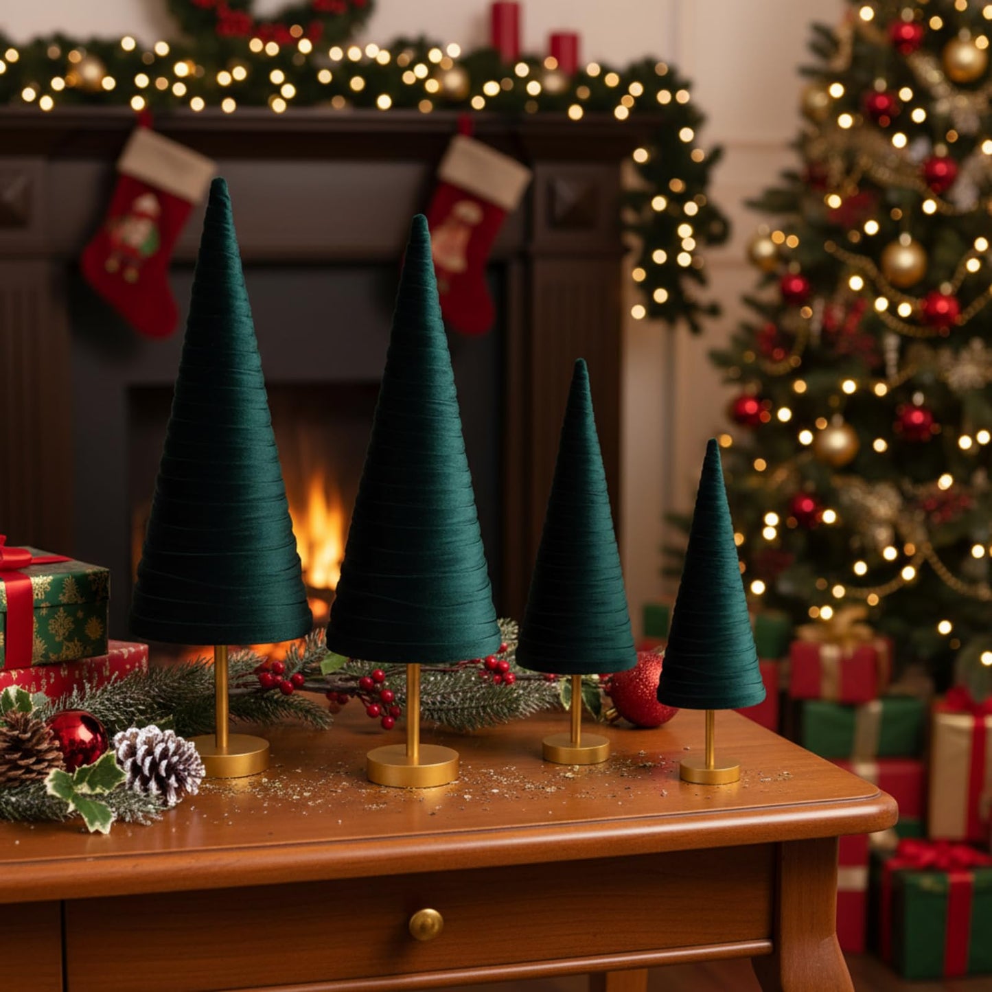 Hoolerry 4 Pcs Christmas Velvet Trees with Gold Pedestal Modern Rustic Christmas Velvet Cone Trees Minimalist for Mantel Table Centerpiece Entryway Home Winter Holiday Wedding Decor (Green)